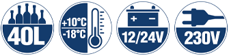 Logos Content: 32 liters Temperature range: +10°C to -18°C, continuously adjustable Voltage: 12/24/230 Volt
