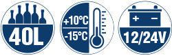 Logos Content: 40 liters Temperature range: +10°C to -15°C, continuously adjustable Voltage: 12/24 Volt