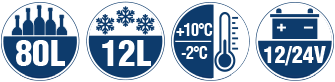 Logos
Capacity: 80 liters + 12 liters freezer compartment
Temperature range: +10°C to -2°C, electronic thermostat
Voltage: 12/24 Volt