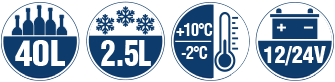 Logos
Capacity: 40 liters + 2.5 liters freezer compartment
Temperature range: +10°C to -2°C, electronic thermostat
Voltage: 12/24 Volt