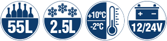 Logos
Content: 55 liters + 2.5 liters freezer compartment
Temperature range: +10°C to -2°C, electronic thermostat
Voltage: 12/24 Volt