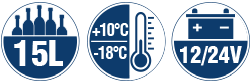 Logos
Capacity: 15 liters
Temperature range: +10°C to -18°C, continuously adjustable
Voltage: 12/24 Volt