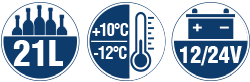 Logos
Capacity: 21 liters
Temperature range: +10°C to -12°C, continuously adjustable
Voltage: 12/24 Volt