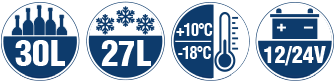 Logos
Normal cooling compartment: 30 liters
Freezer compartment: 27 liters
Temperature range: +10°C to -18°C, continuously adjustable
Voltage: 12/24 Volt