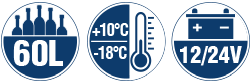 Logos
Capacity: 60 liters
Temperature range: +10°C to -18°C, continuously adjustable
Voltage: 12/24 Volt