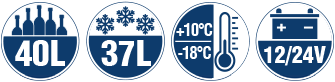 Logos
Normal cooling compartment: 40 liters
Freezer compartment: 37 liters
Temperature range: +10°C to -18°C, continuously adjustable
Voltage: 12/24 Volt