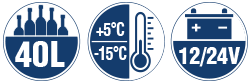 Logos
Capacity: 40 liters
Temperature range: +5°C to -15°C, continuously adjustable
Voltage: 12/24 Volt