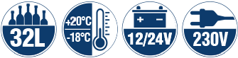 Logos Inhalt: 32 Liter Temperaturbereich: +20°C bis -18°C, stufenlos regelbar Spannung: 12/24/230 Volt
